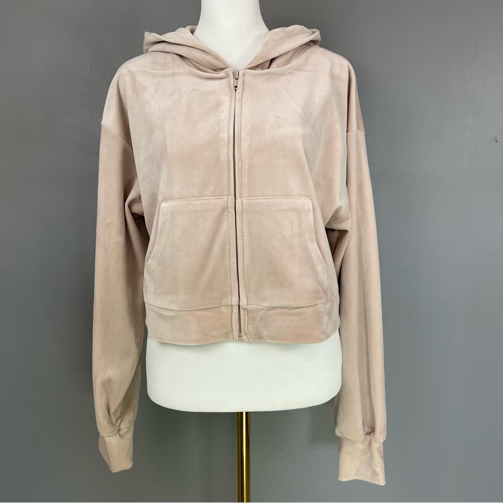gianni bini Cropped Velour Hoodie Full Zip Jacket Size Medium Champagne Pink NWT